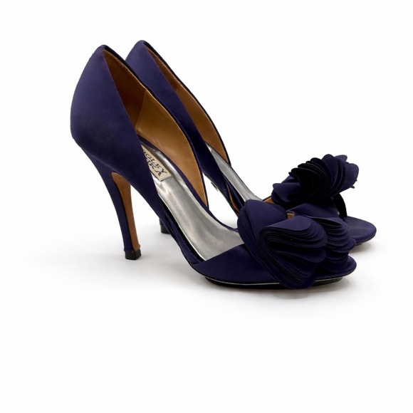 Badgley Mischka Randall D’Orsay Satin Dark Purple Heels With Layered Bow - Picture 2 of 16